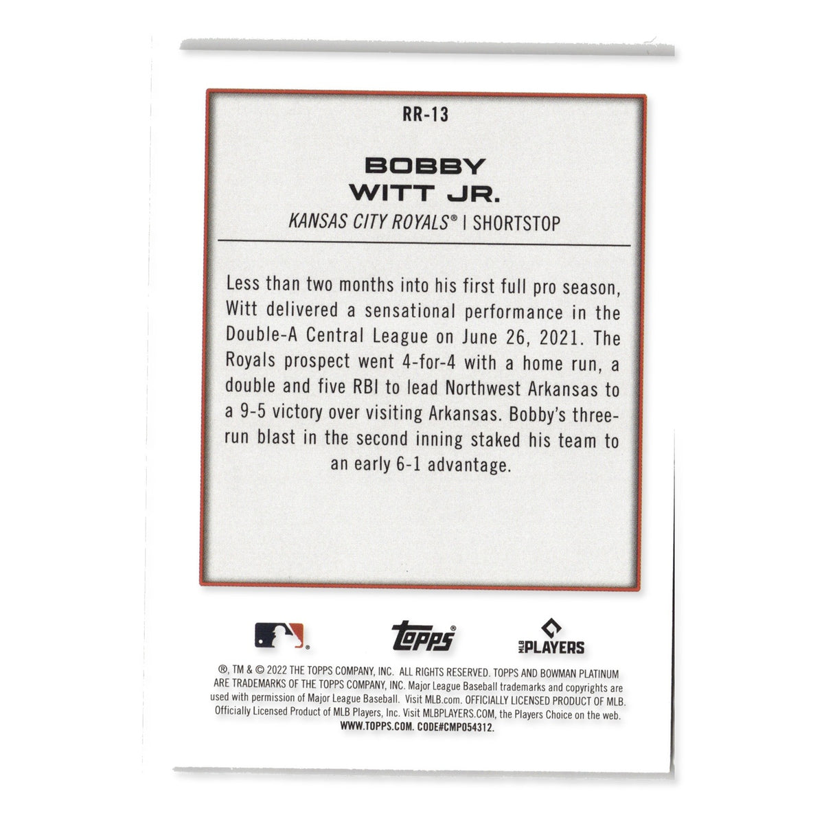 Bobby Witt Jr. #RR-13 Renowned Rookies 2022 Bowman Platinum Kansas City Royals