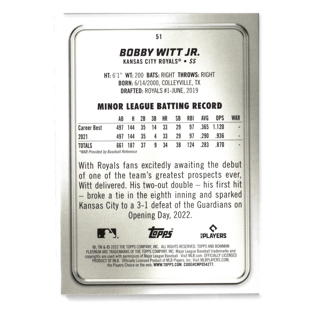 Bobby Witt Jr. #51 2022 Bowman Platinum Kansas City Royals RC