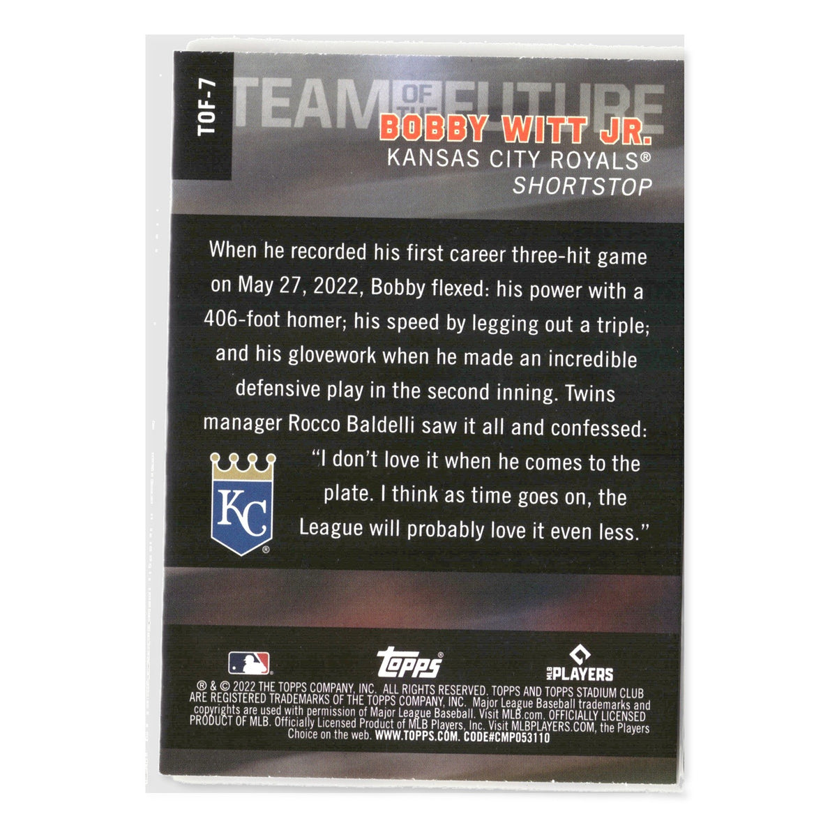 Bobby Witt Jr. #TOF-7 Team of the Future 2022 Stadium Club Kansas City Royals