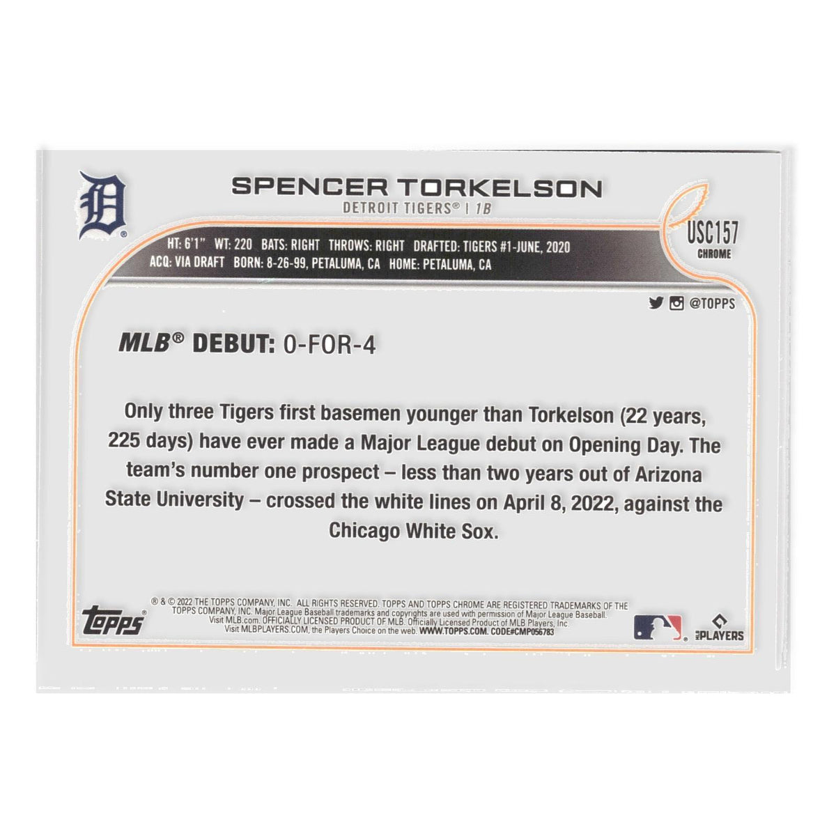 Spencer Torkelson #USC157 Purple Refractor 2022 Topps Chrome Update Tigers