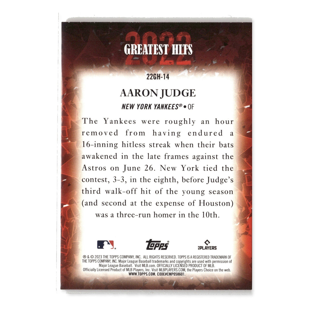 Aaron Judge #22GH-14 2022 Greatest Hits 2023 Topps New York Yankees