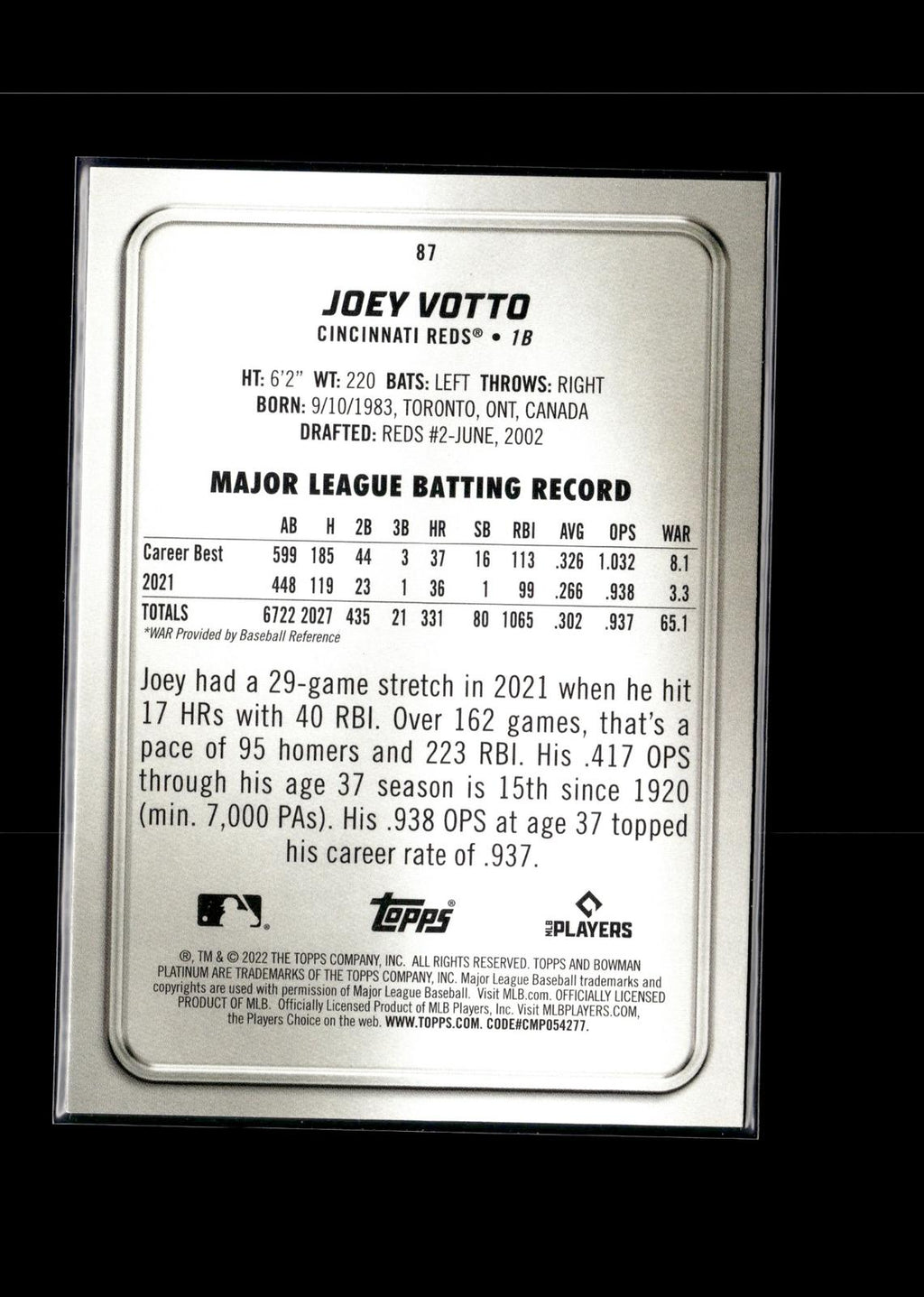 Joey Votto #87 2022 Bowman Platinum Cincinnati Reds