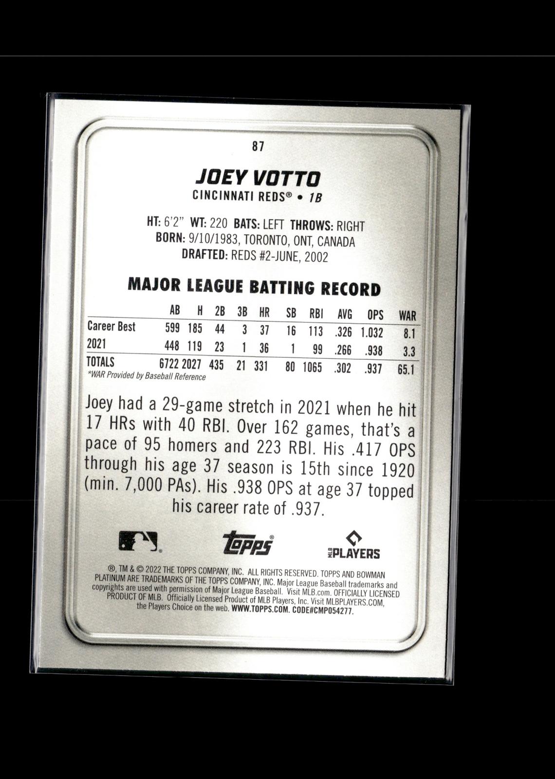 Joey Votto #87 2022 Bowman Platinum Cincinnati Reds