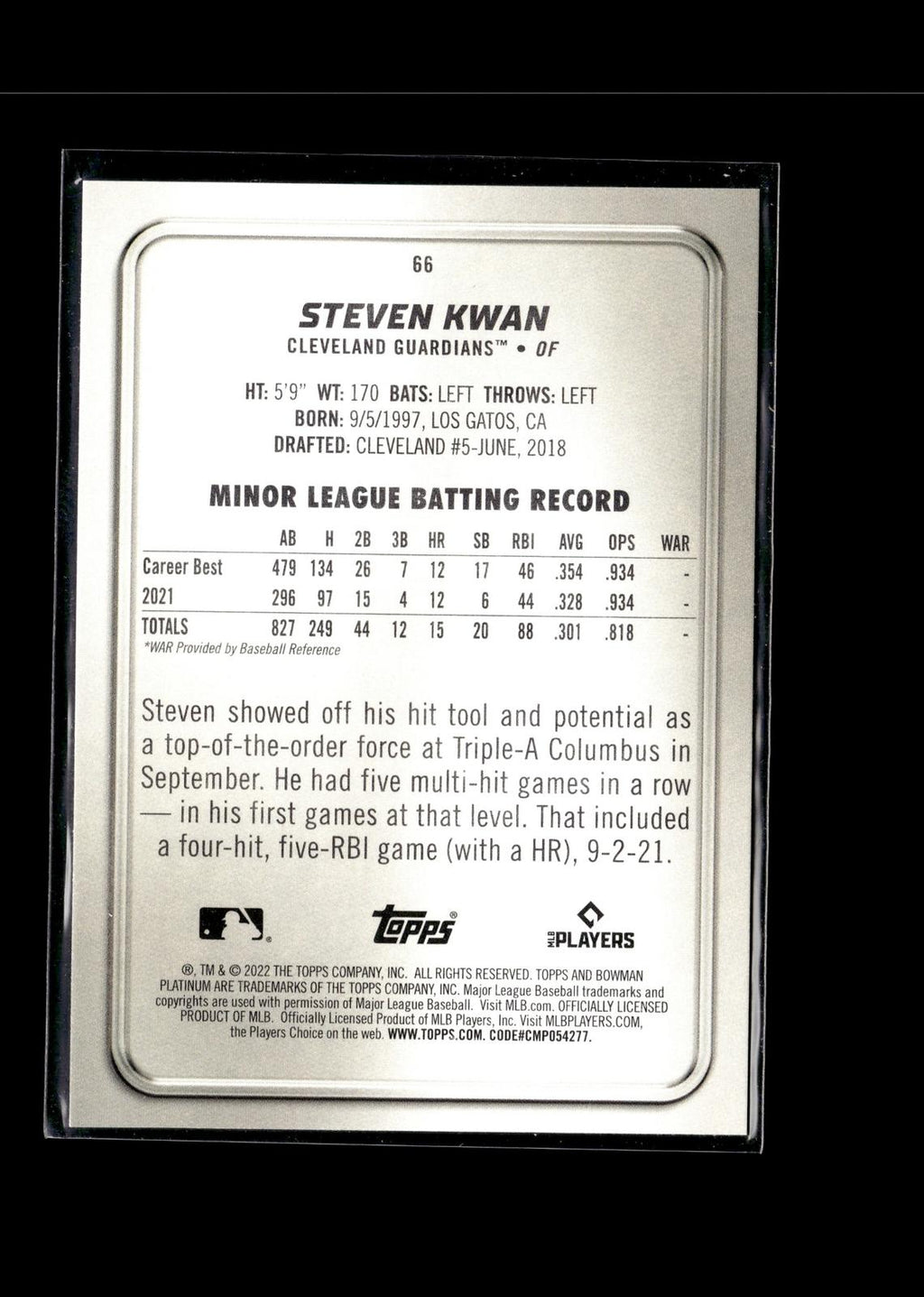 Steven Kwan #66 2022 Bowman Platinum Cleveland Guardians RC