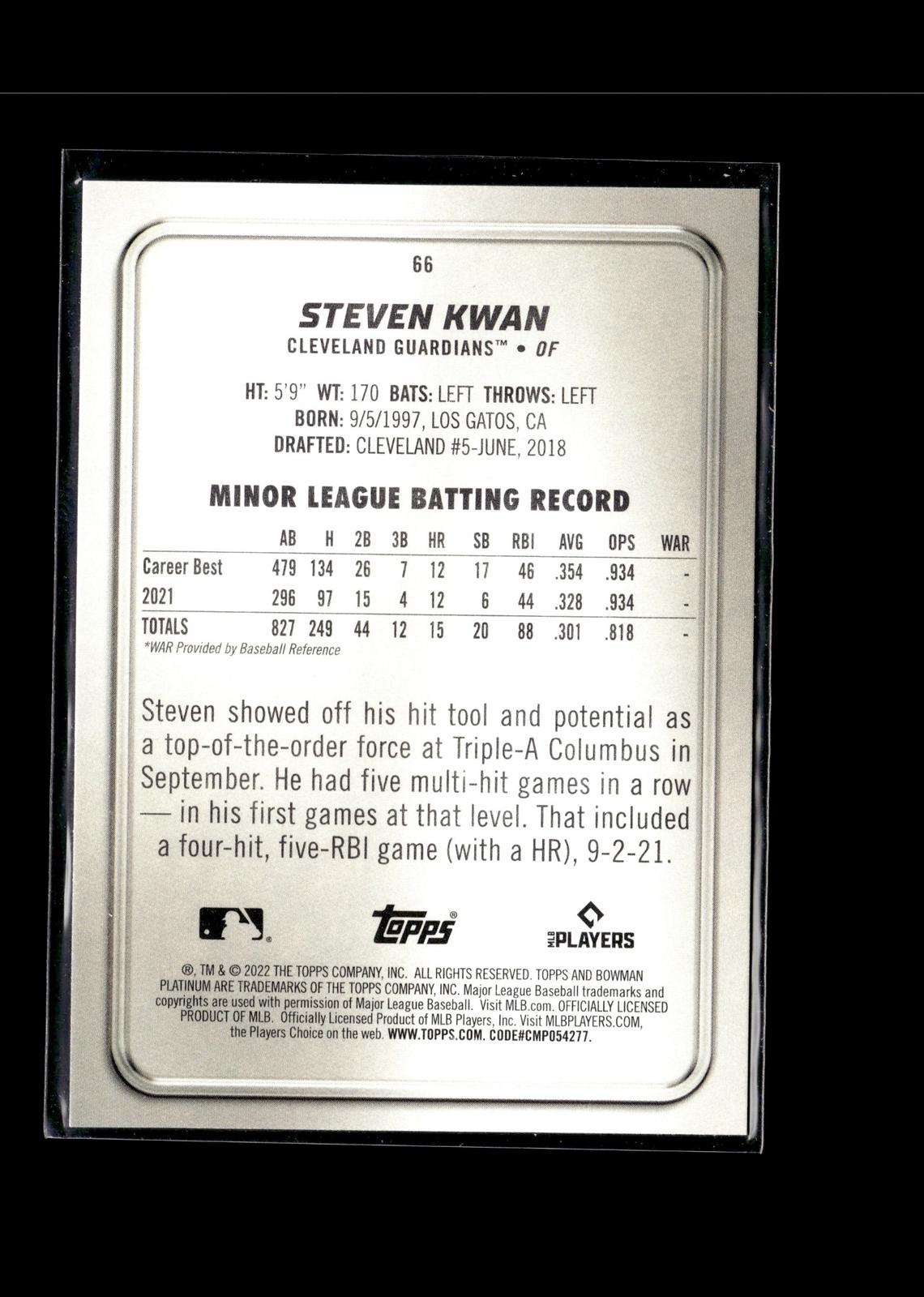 Steven Kwan #66 2022 Bowman Platinum Cleveland Guardians RC