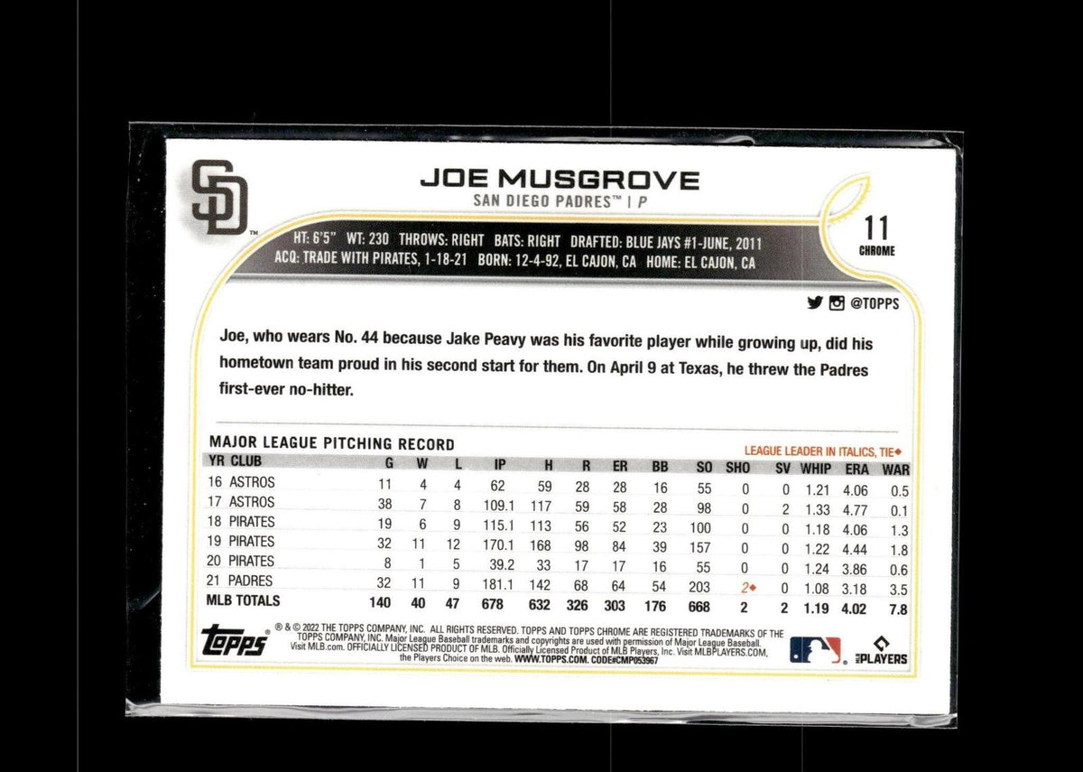 Joe Musgrove #11 Pink Refractor 2022 Topps Chrome San Diego Padres