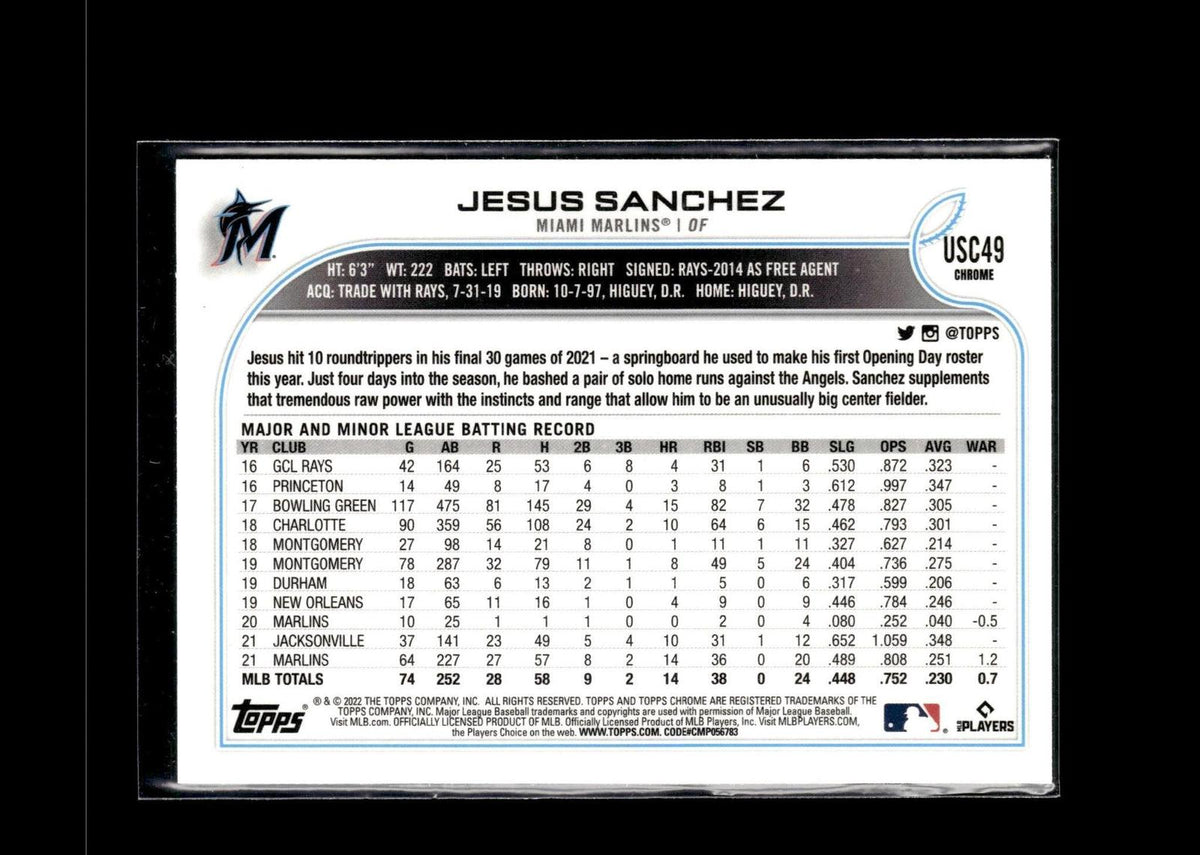 Jesus Sanchez #USC49 Purple Refractor 2022 Topps Chrome Update Miami Marlins