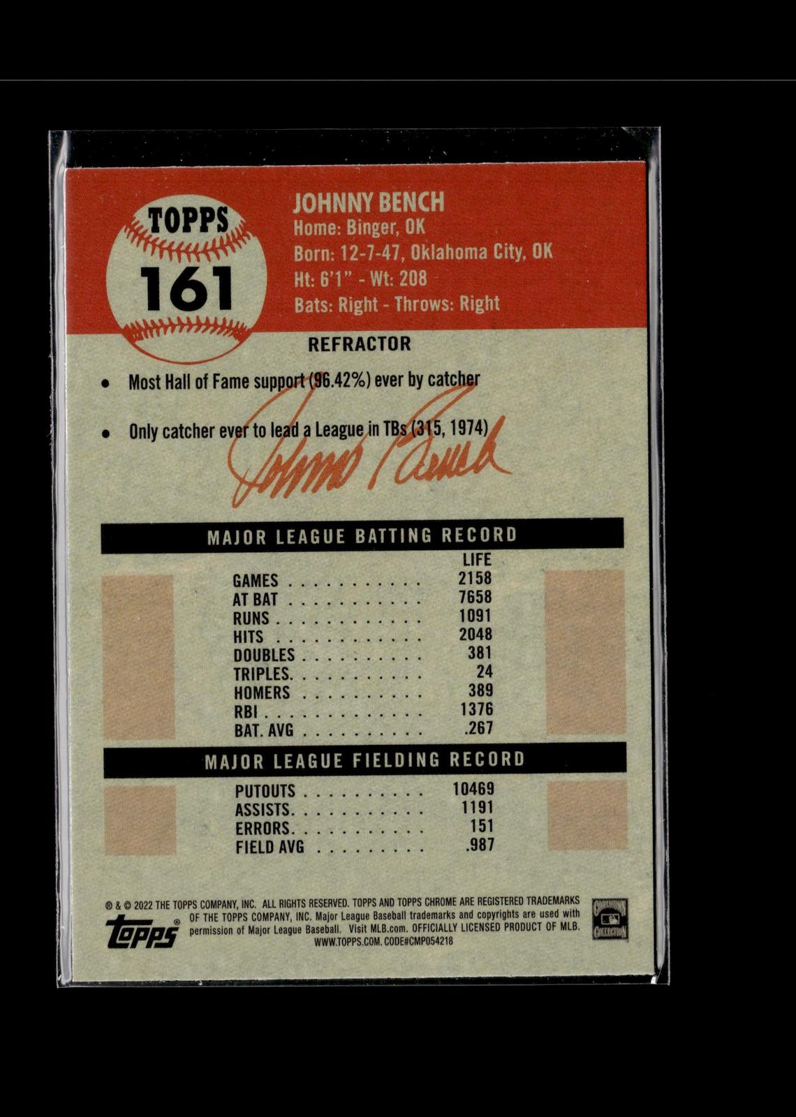 Johnny Bench #161 Refractor 2022 Topps Chrome Platinum Anniversary Reds