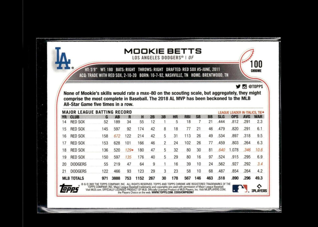 Mookie Betts #100 2022 Topps Chrome Los Angeles Dodgers