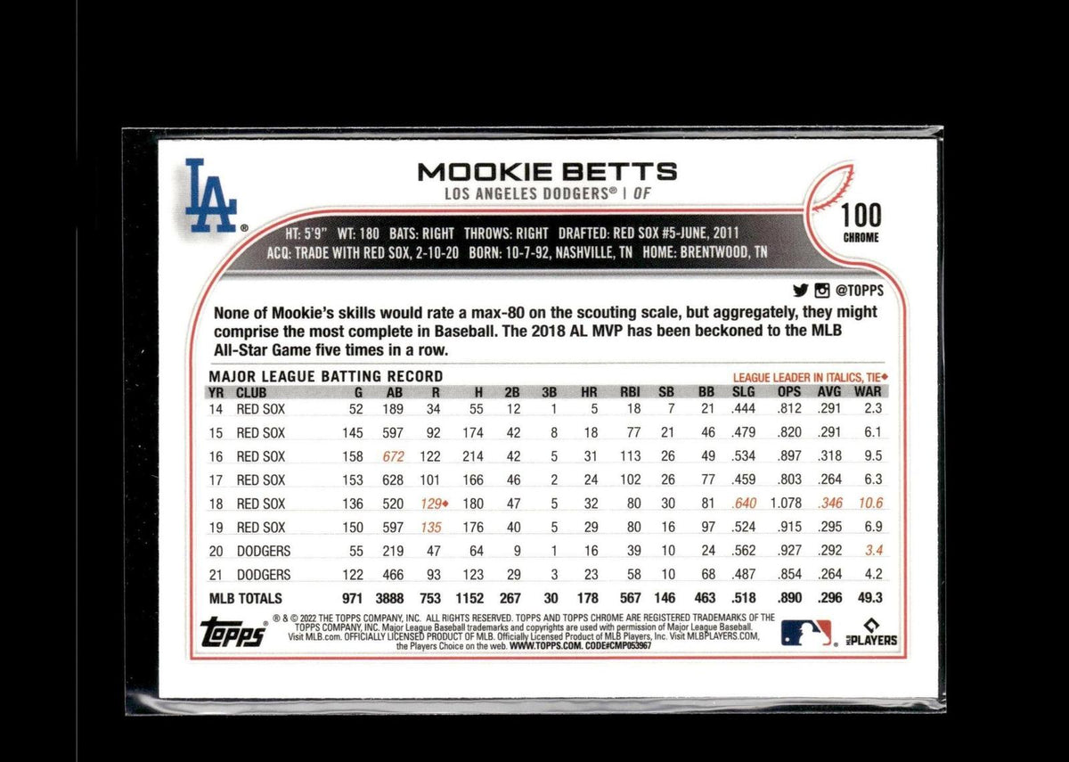 Mookie Betts #100 2022 Topps Chrome Los Angeles Dodgers