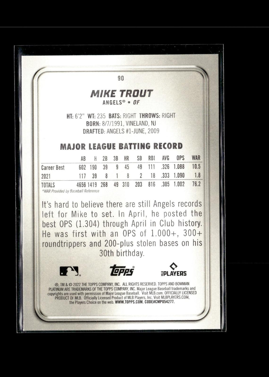 Mike Trout #90 2022 Bowman Platinum Los Angeles Angels