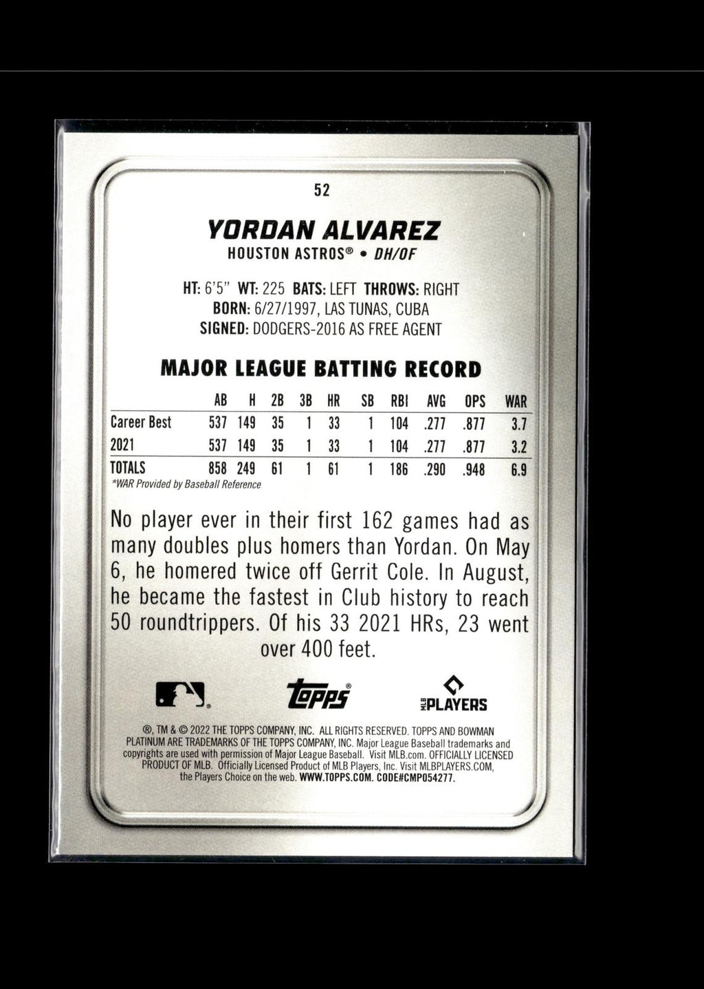 Yordan Alvarez #52 2022 Bowman Platinum Houston Astros