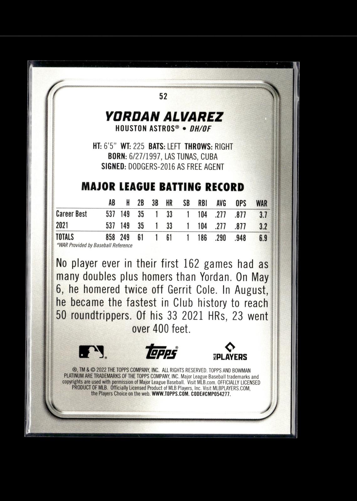 Yordan Alvarez #52 2022 Bowman Platinum Houston Astros