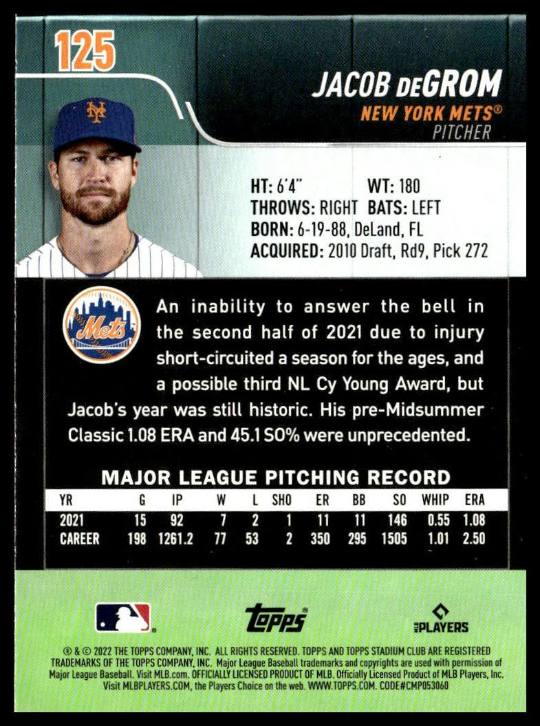 Jacob deGrom #125 2022 Stadium Club New York Mets