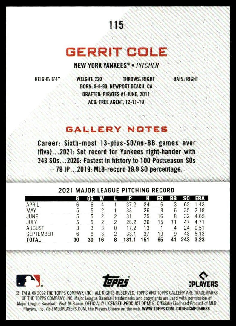 Gerrit Cole #115 2022 Topps Gallery New York Yankees