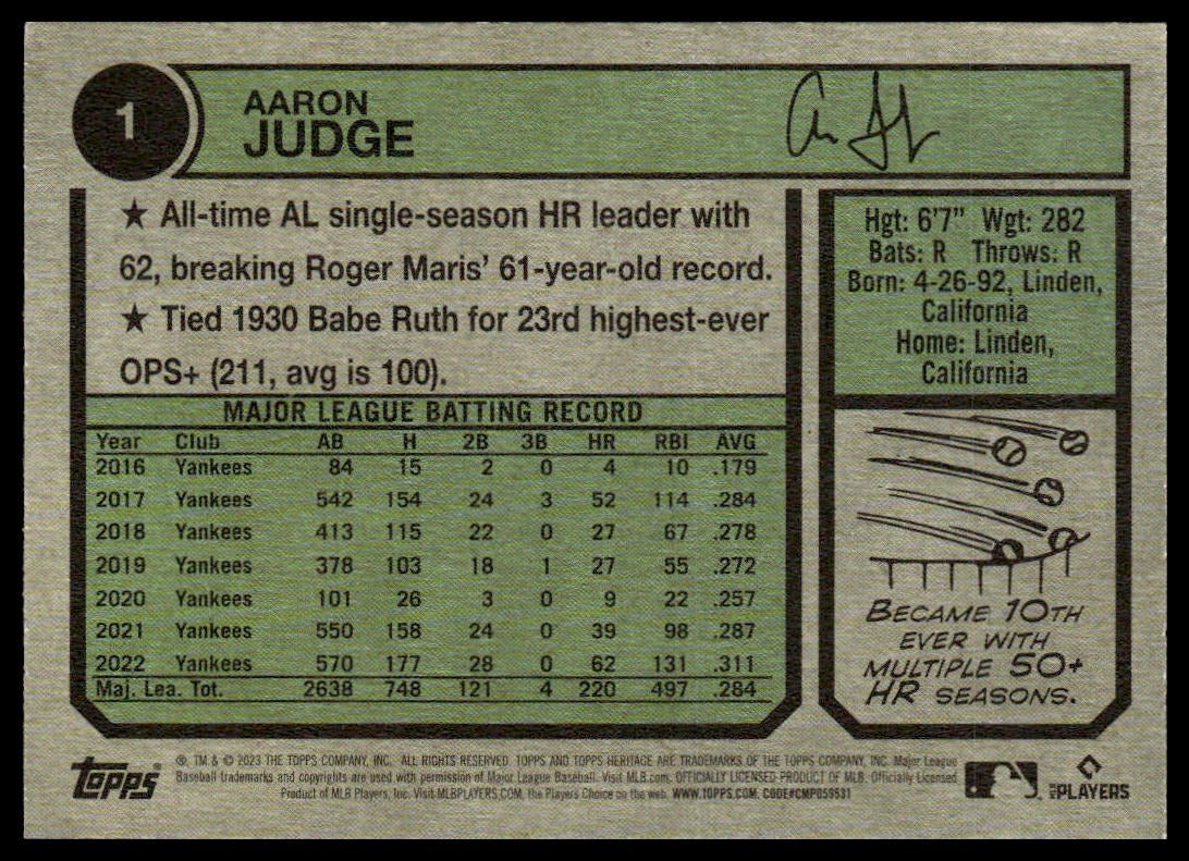 Aaron Judge #1 2023 Topps Heritage New York Yankees