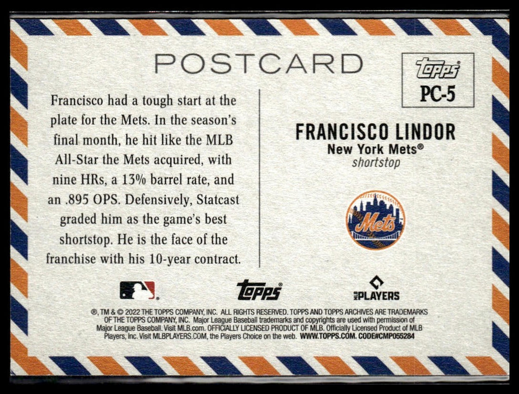 Francisco Lindor #PC-5 Topps Postcards 2022 Topps Archives New York Mets
