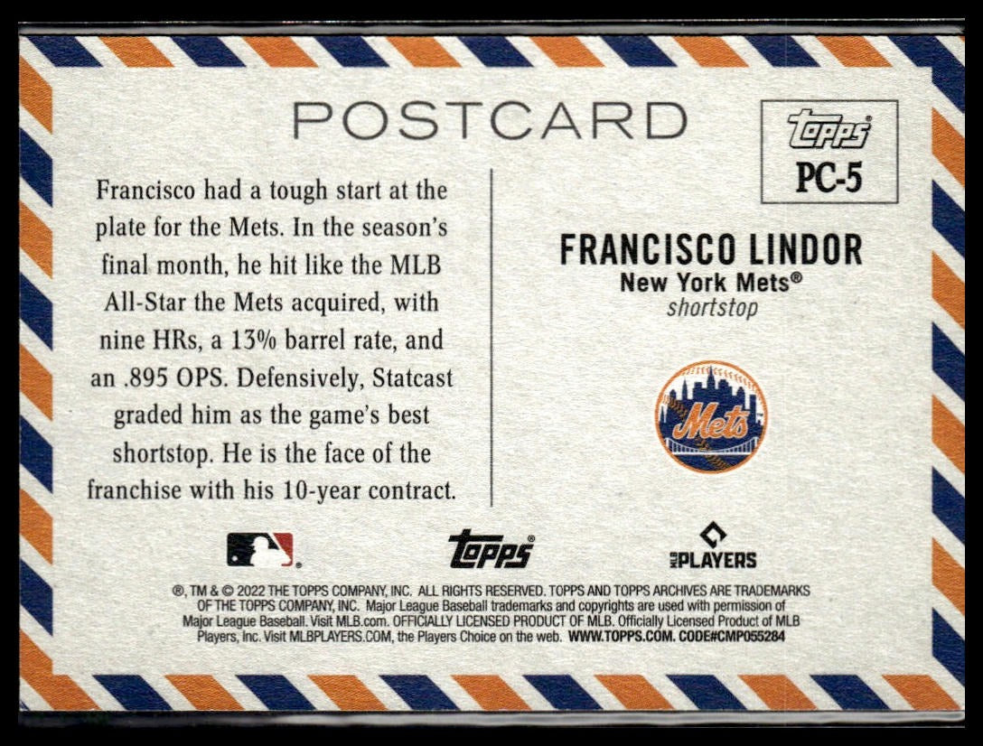 Francisco Lindor #PC-5 Topps Postcards 2022 Topps Archives New York Mets