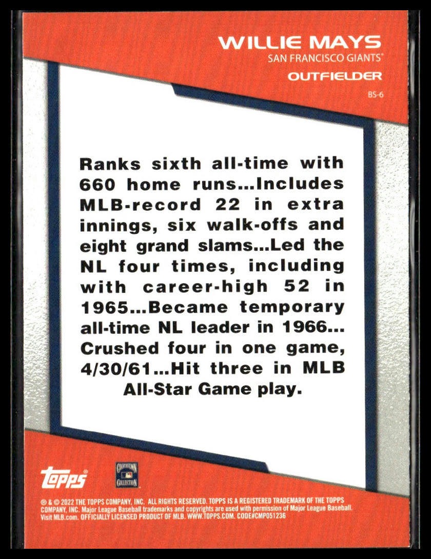 Willie Mays #BS-6 Bomb Squad 2022 Topps Opening Day San Francisco Giants