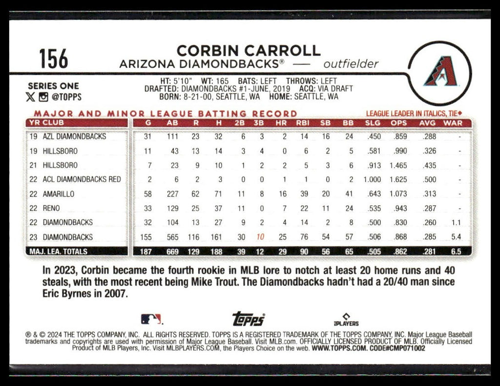 Corbin Carroll #156 2024 Topps Arizona Diamondbacks