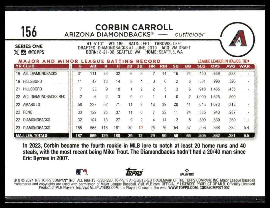 Corbin Carroll #156 2024 Topps Arizona Diamondbacks