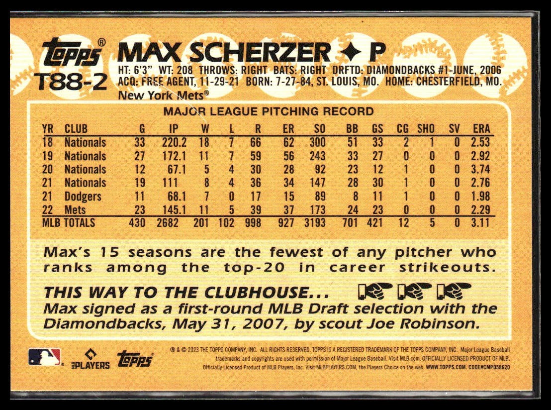 Max Scherzer #T88-2 1988 Topps Baseball 35th Anniversary 2023 Topps Mets