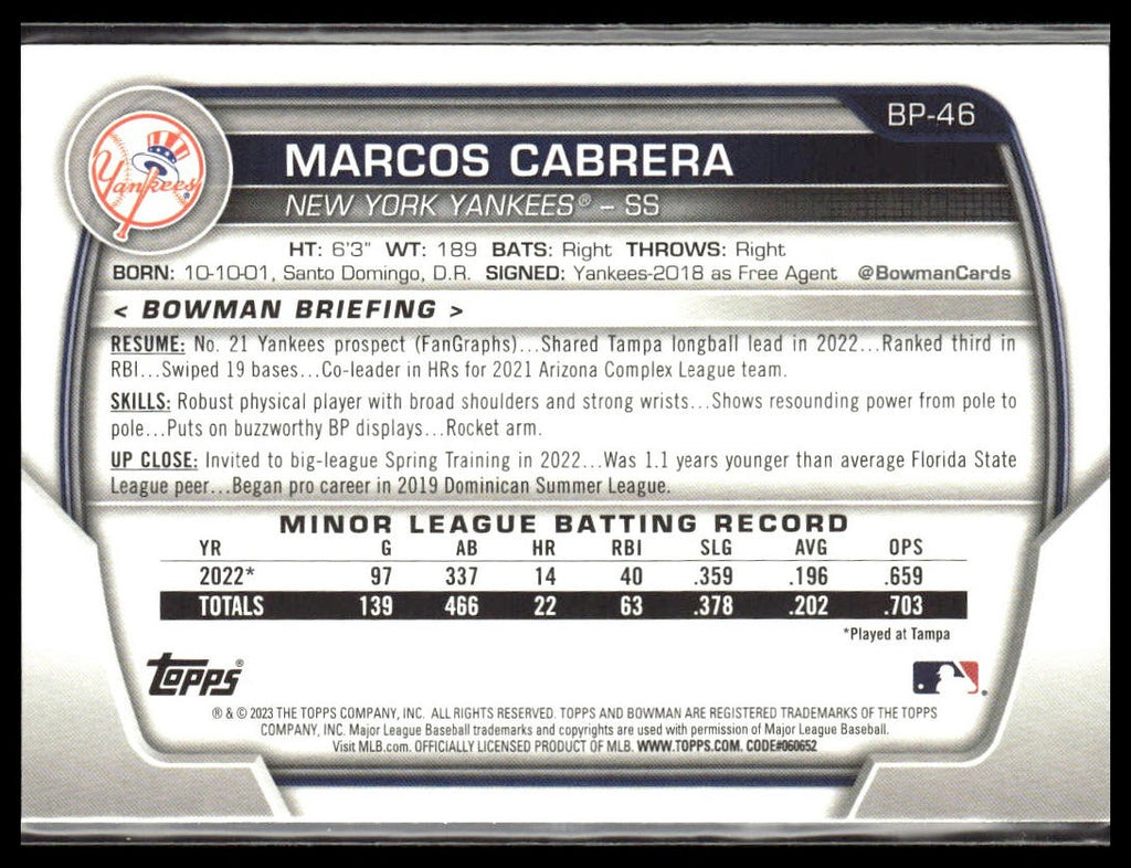 Marcos Cabrera #BP-46 Prospects 2023 Bowman New York Yankees