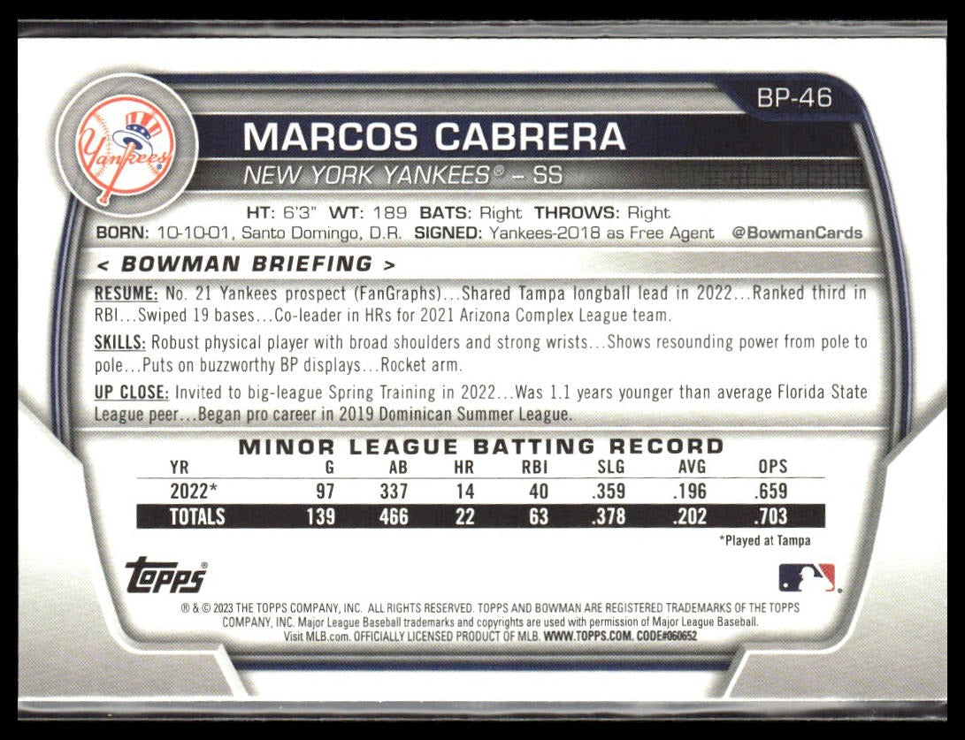 Marcos Cabrera #BP-46 Prospects 2023 Bowman New York Yankees