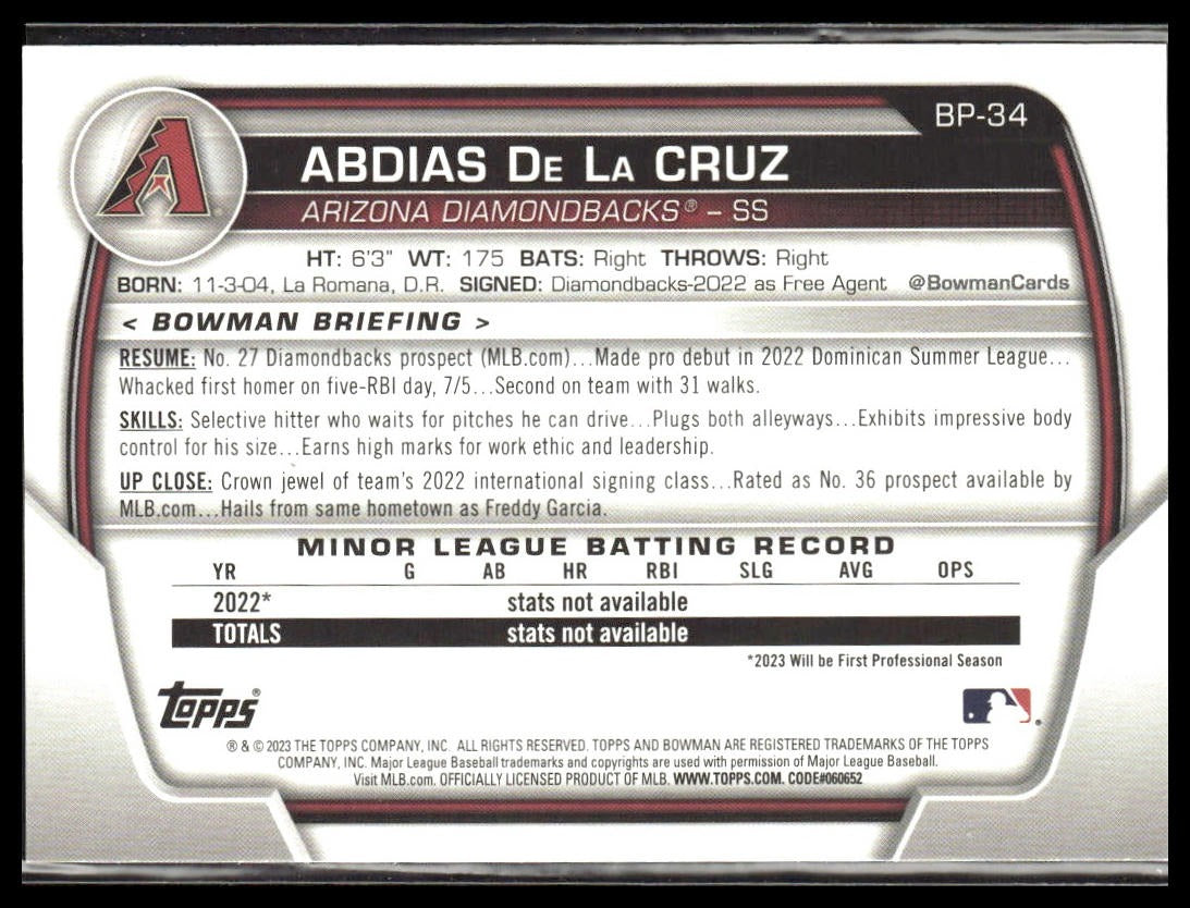 Abdias De La Cruz #BP-34 Prospects 2023 Bowman Arizona Diamondbacks