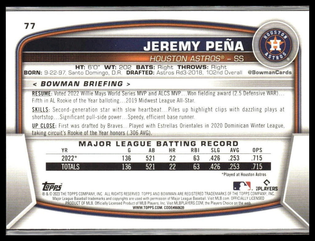 Jeremy Pena #77 2023 Bowman Houston Astros
