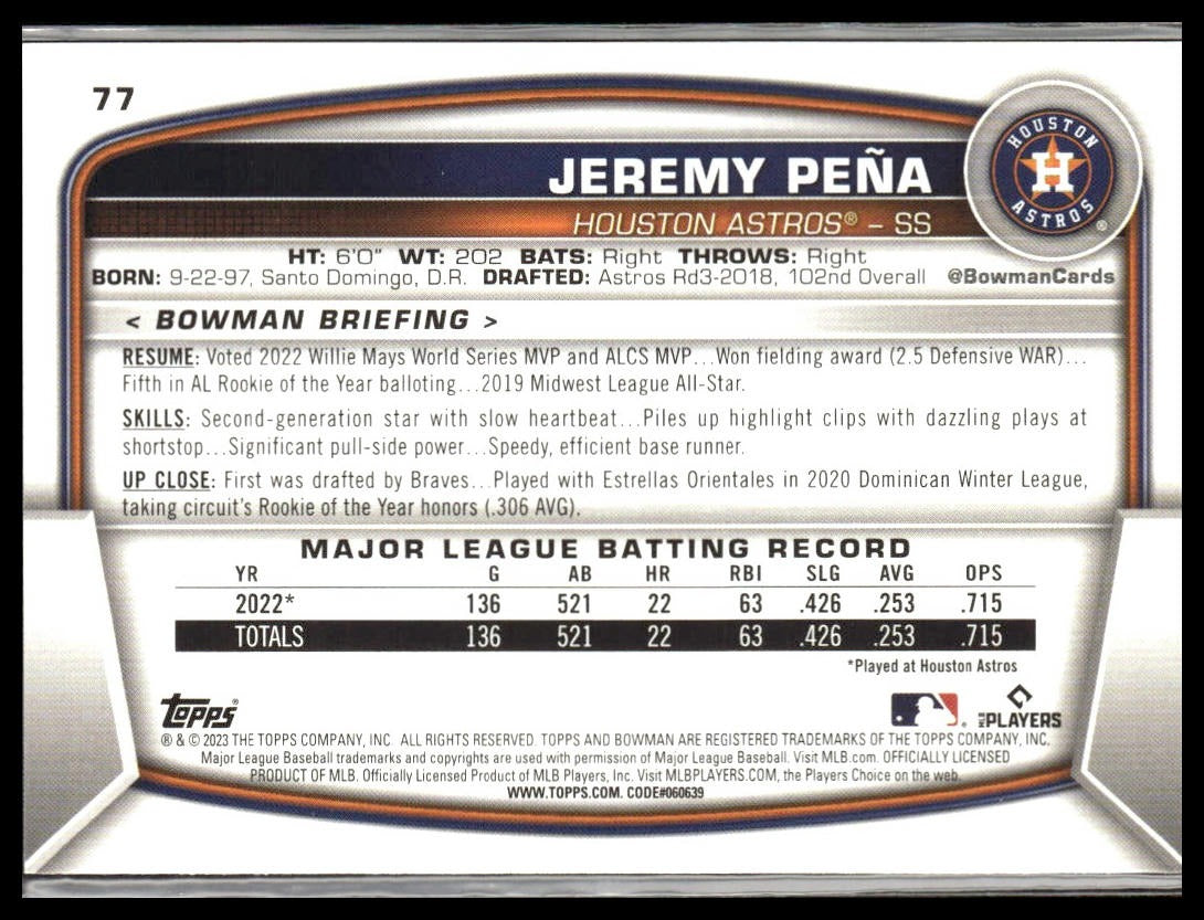 Jeremy Pena #77 2023 Bowman Houston Astros