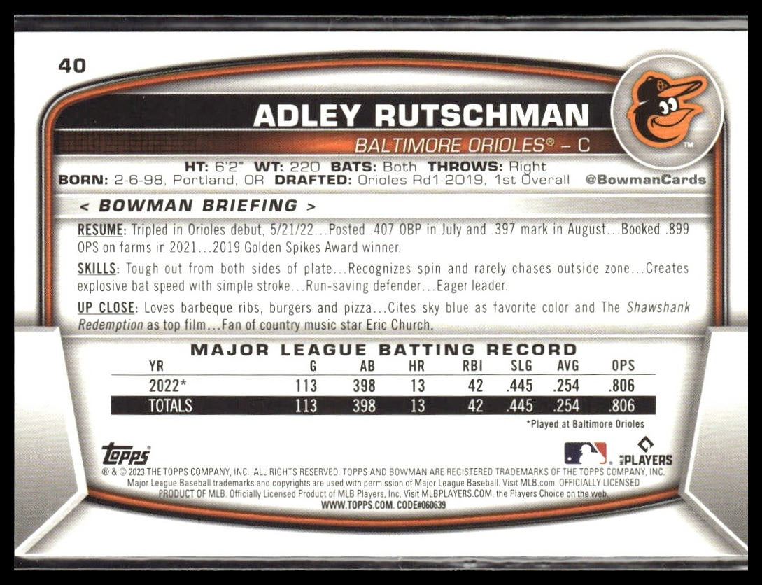 Adley Rutschman #40 2023 Bowman Baltimore Orioles RC