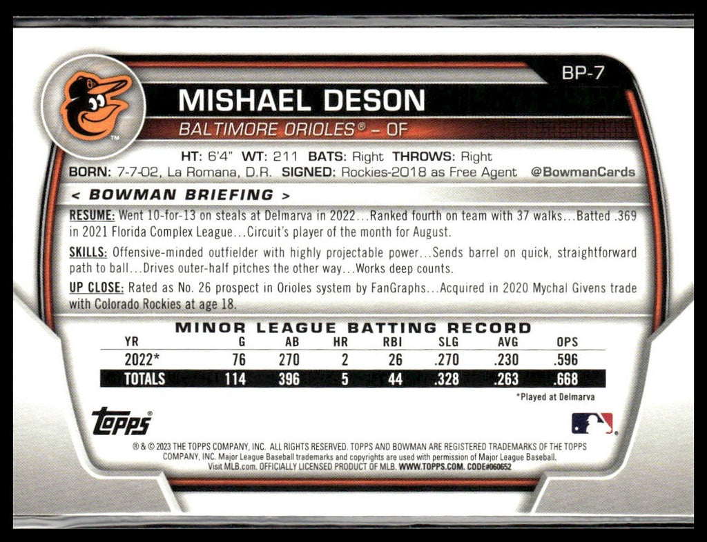 Mishael Deson #BP-7 Prospects 2023 Bowman Baltimore Orioles