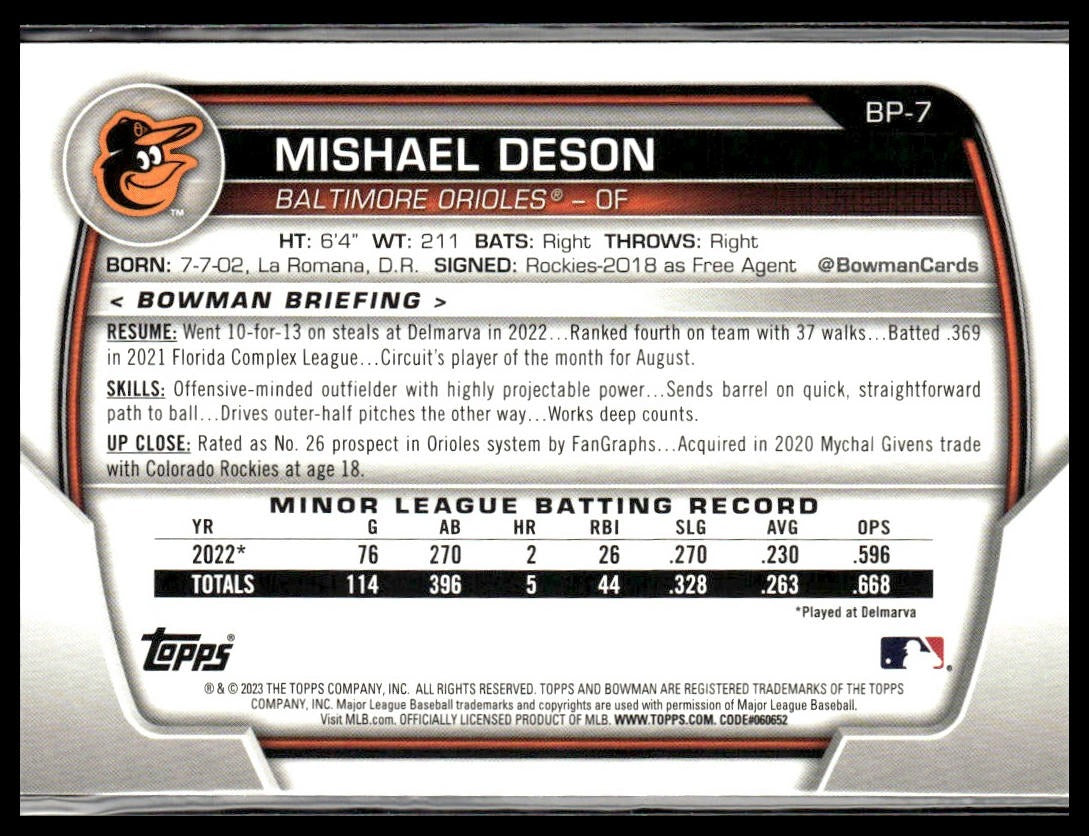 Mishael Deson #BP-7 Prospects 2023 Bowman Baltimore Orioles