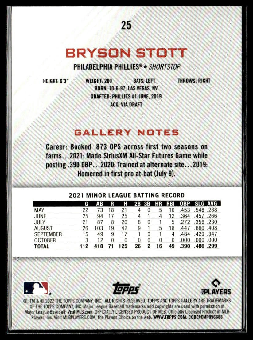 Bryson Stott #25 Printer Proof 2022 Topps Gallery Philadelphia Phillies
