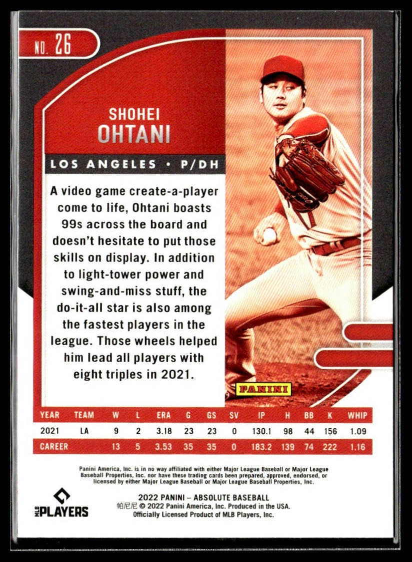 Shohei Ohtani #26 Retail 2022 Panini Absolute Los Angeles Angels