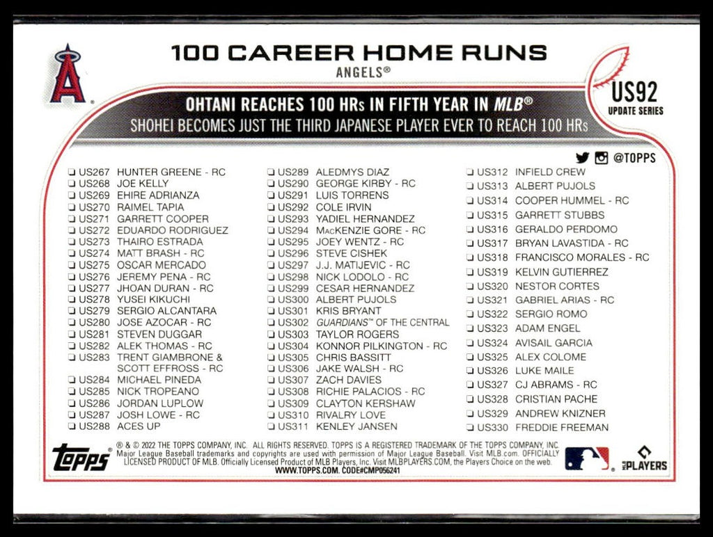 100 Career Home Runs (Shohei Ohtani) #US92 2022 Topps Update Los Angeles Angels