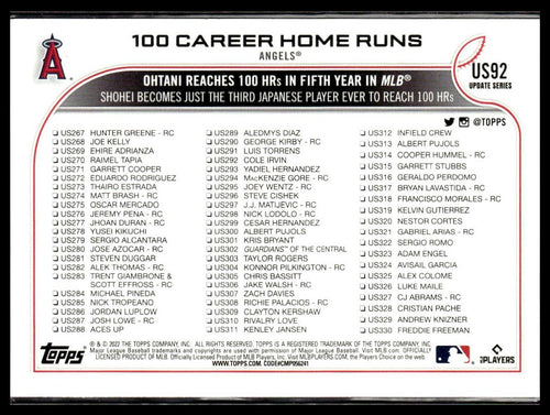 100 Career Home Runs (Shohei Ohtani) #US92 2022 Topps Update Los Angeles Angels