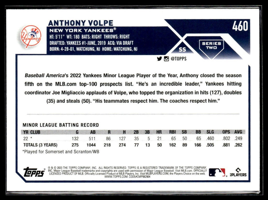 Anthony Volpe #460 2023 Topps New York Yankees RC