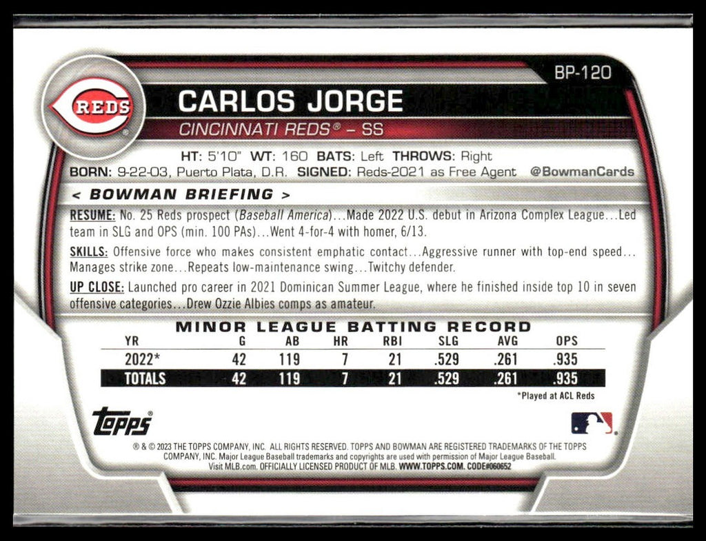 Carlos Jorge #BP-120 Prospects 2023 Bowman Cincinnati Reds
