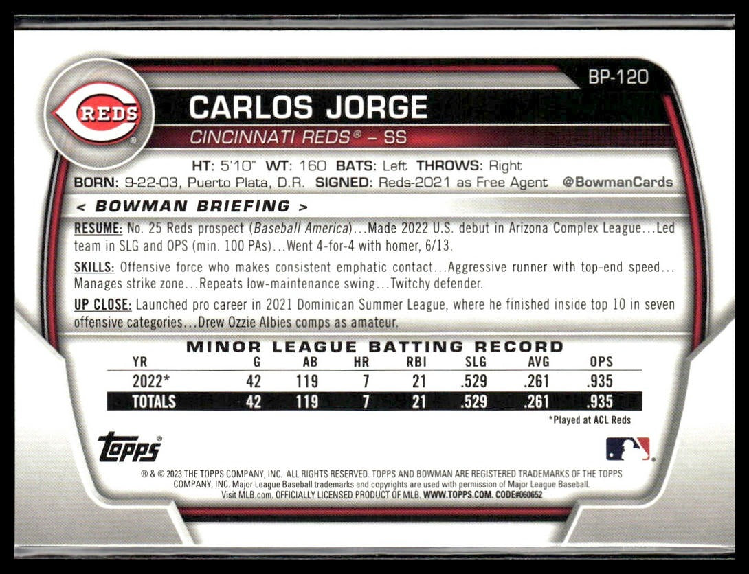 Carlos Jorge #BP-120 Prospects 2023 Bowman Cincinnati Reds