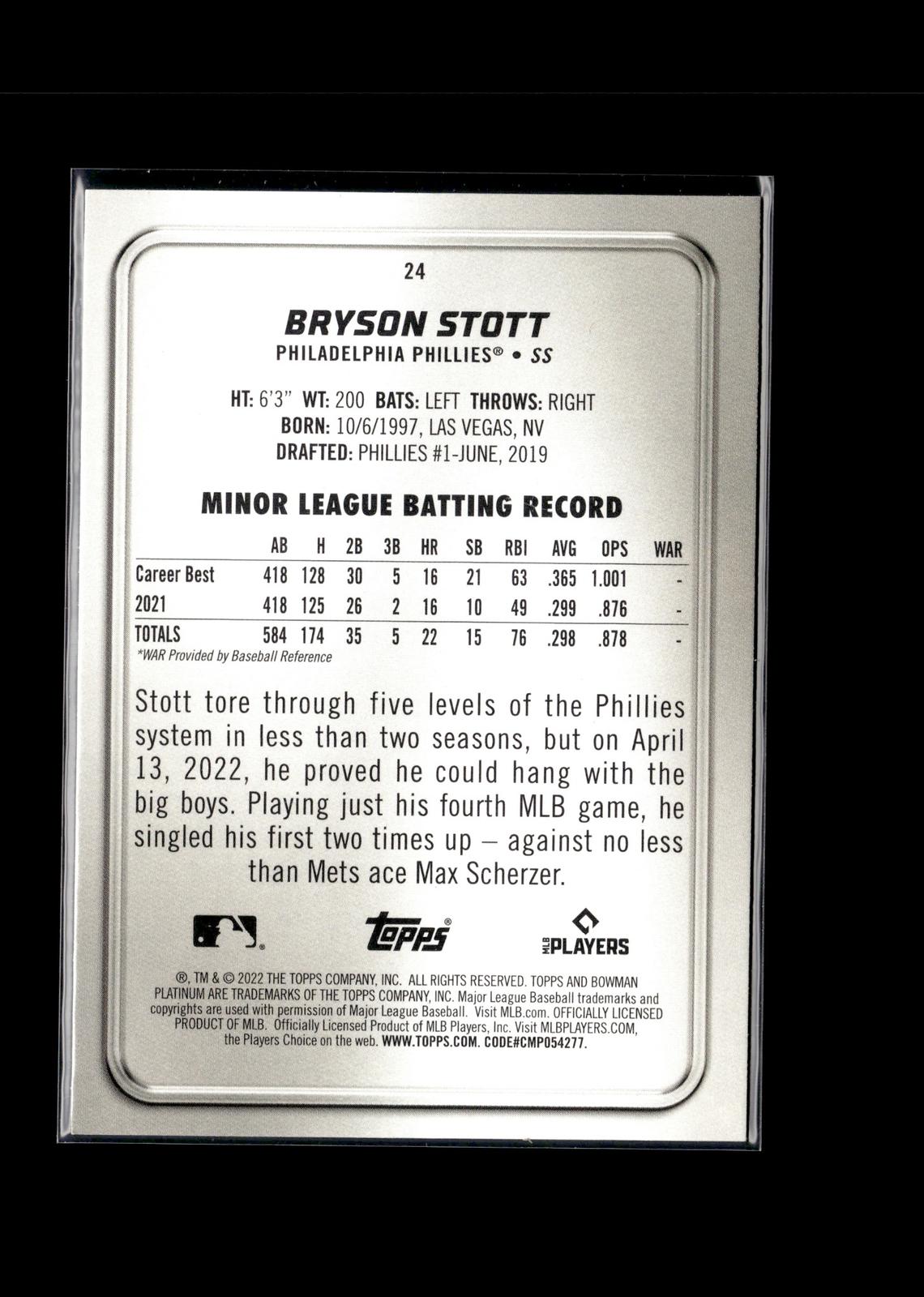 Bryson Stott #24 2022 Bowman Platinum Philadelphia Phillies RC