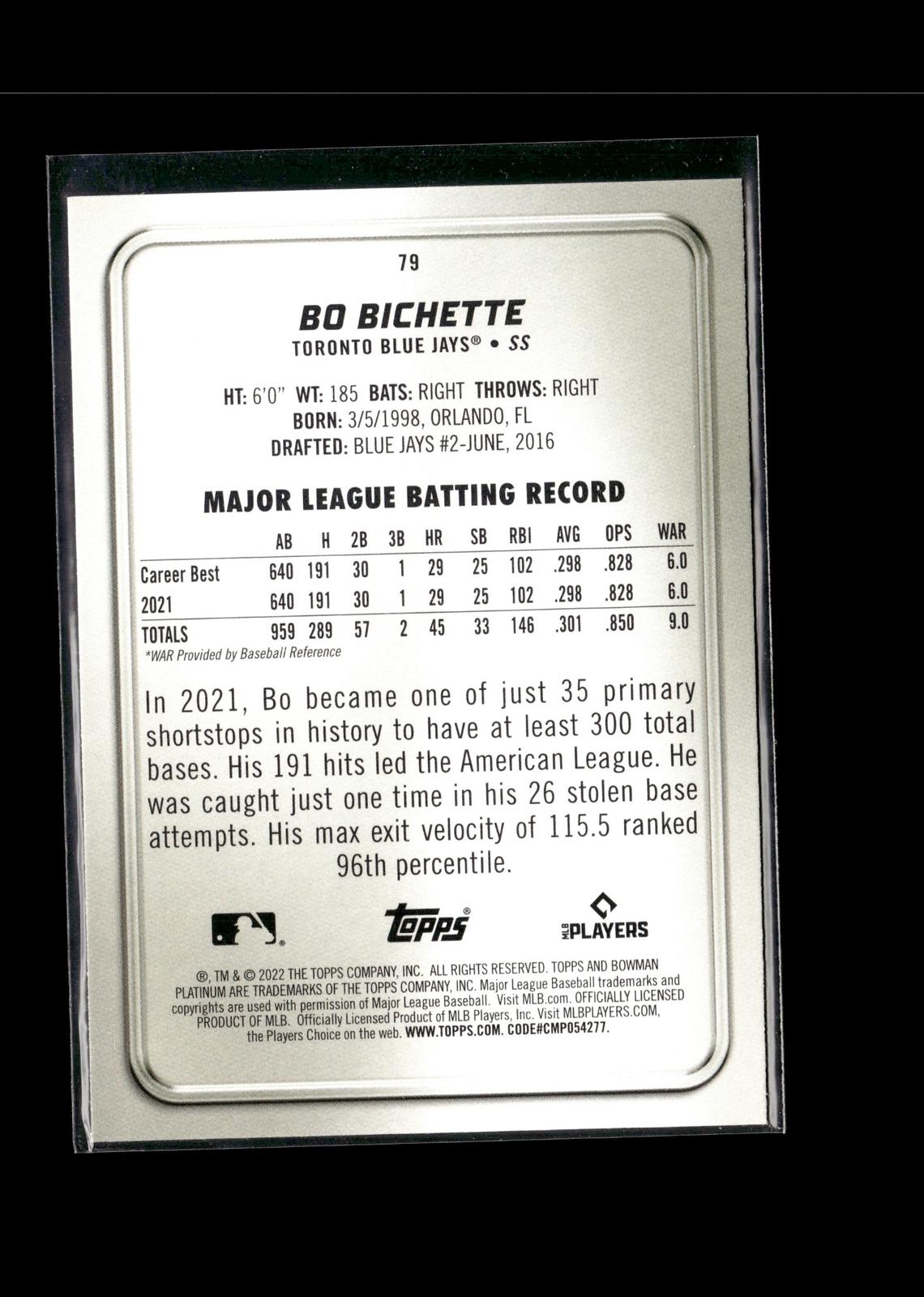 Bo Bichette #79 Ice Foilboard 2022 Bowman Platinum Toronto Blue Jays