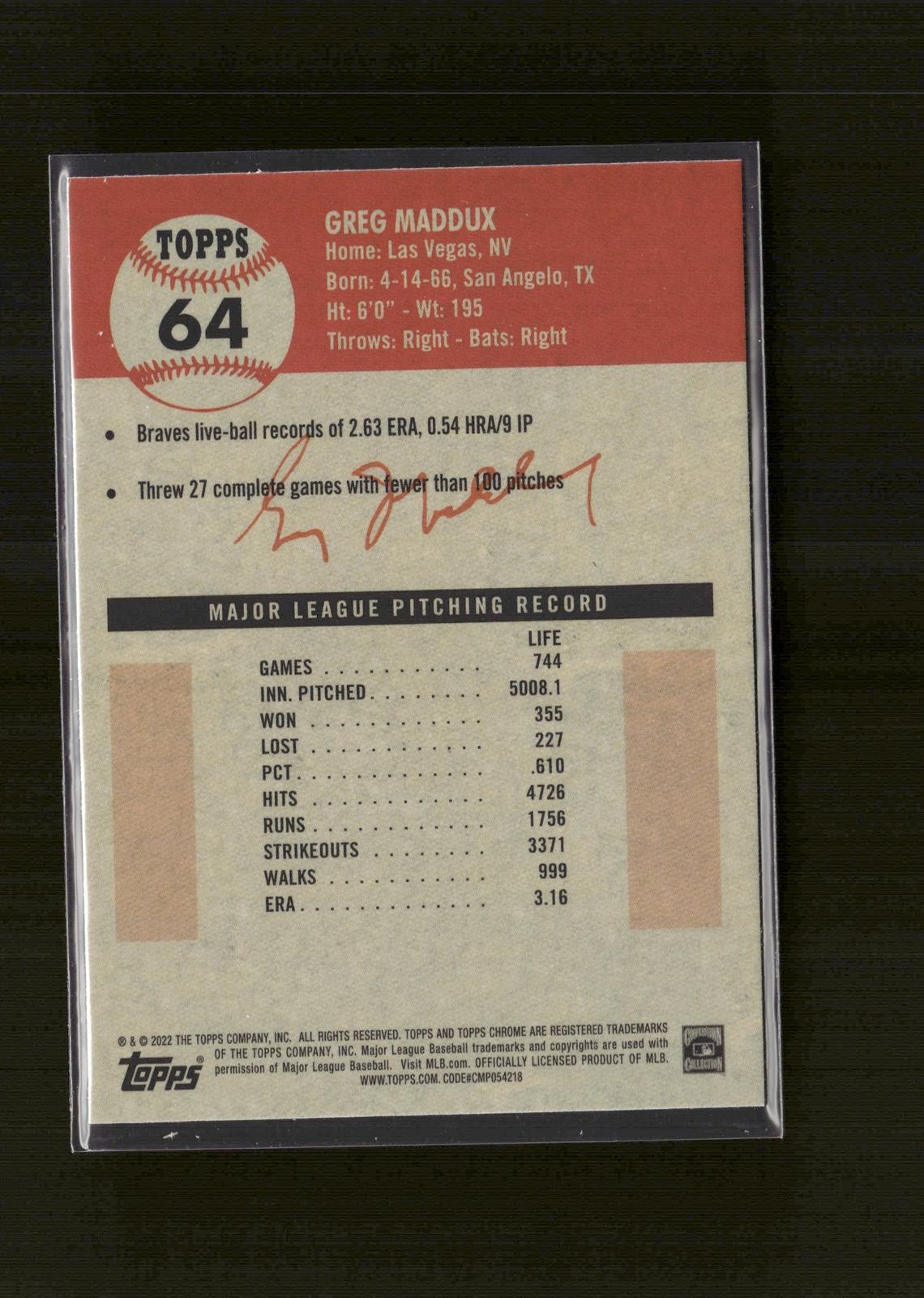 Greg Maddux #64 2022 Topps Chrome Platinum Anniversary Atlanta Braves