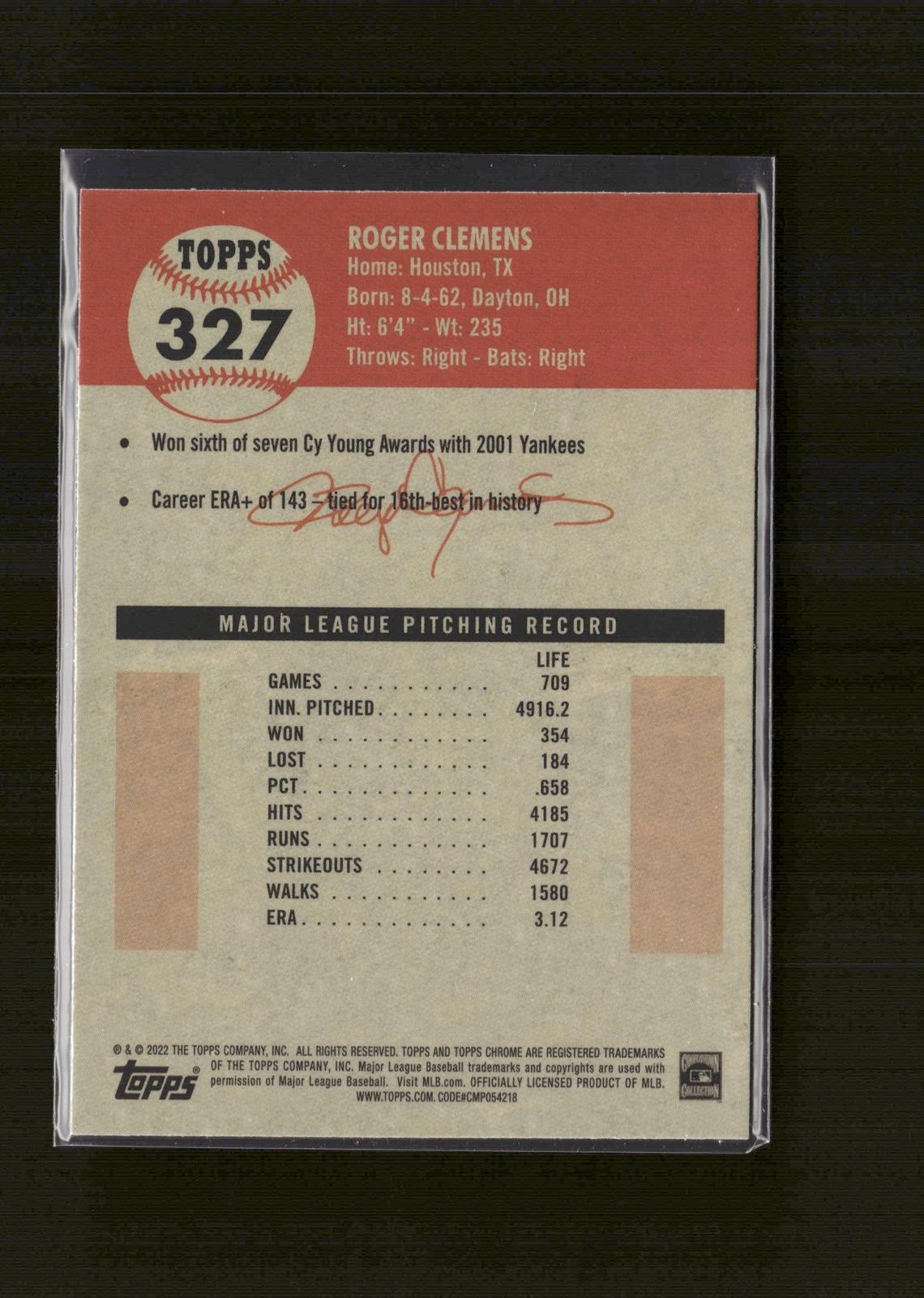 Roger Clemens #327 2022 Topps Chrome Platinum Anniversary New York Yankees