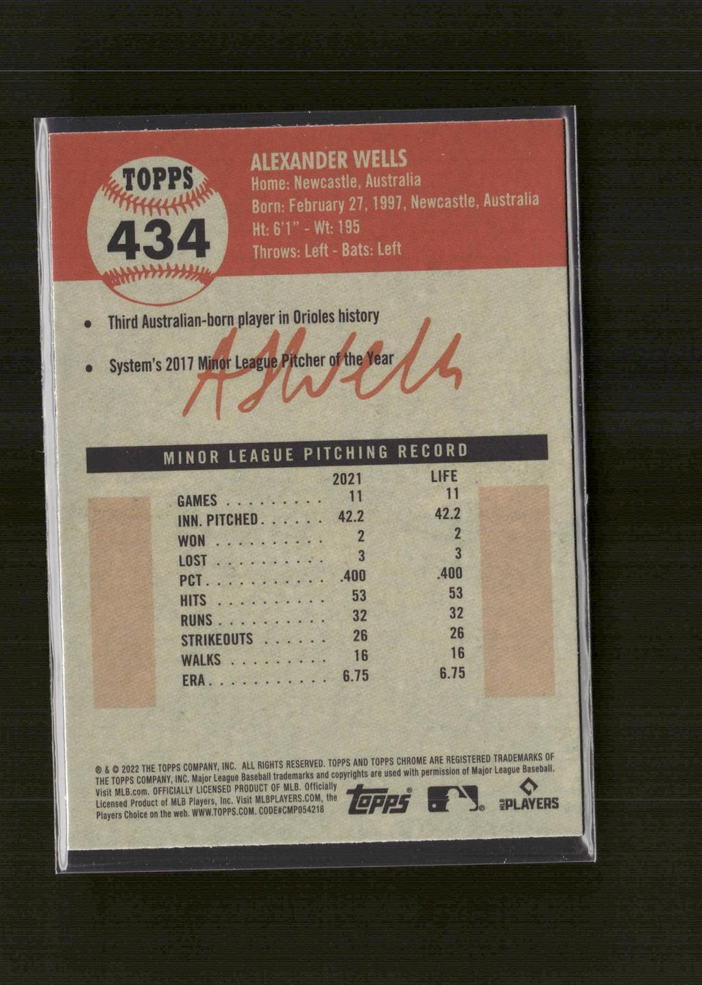 Alexander Wells #434 2022 Topps Chrome Platinum Anniversary Baltimore Orioles RC