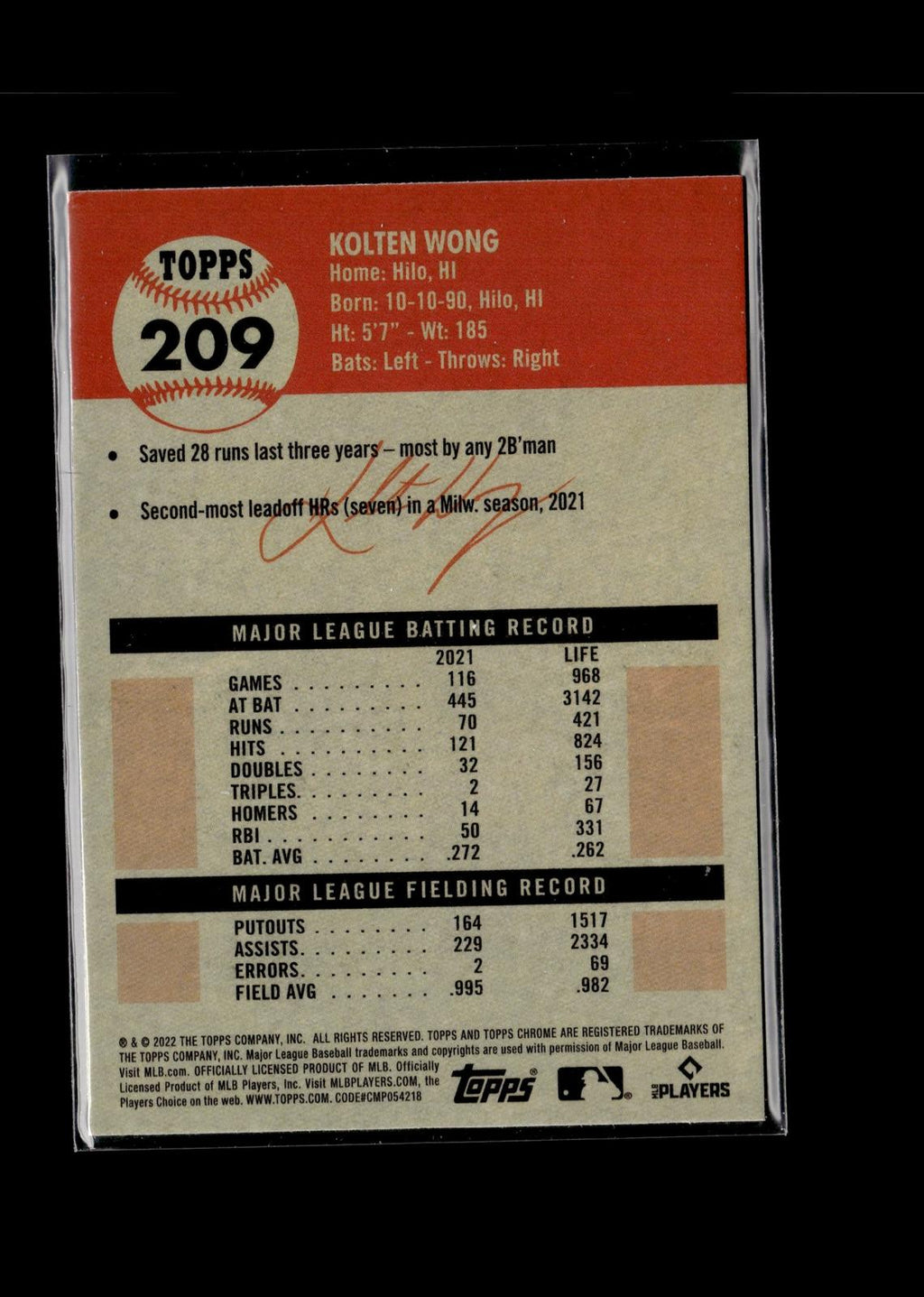 Kolten Wong #209 Prism Refractor 2022 Topps Chrome Platinum Anniversary Brewers