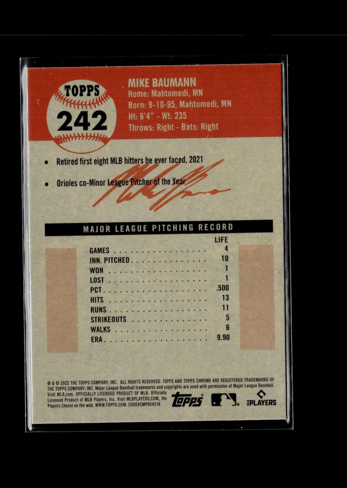 Mike Baumann #242 2022 Topps Chrome Platinum Anniversary Baltimore Orioles RC