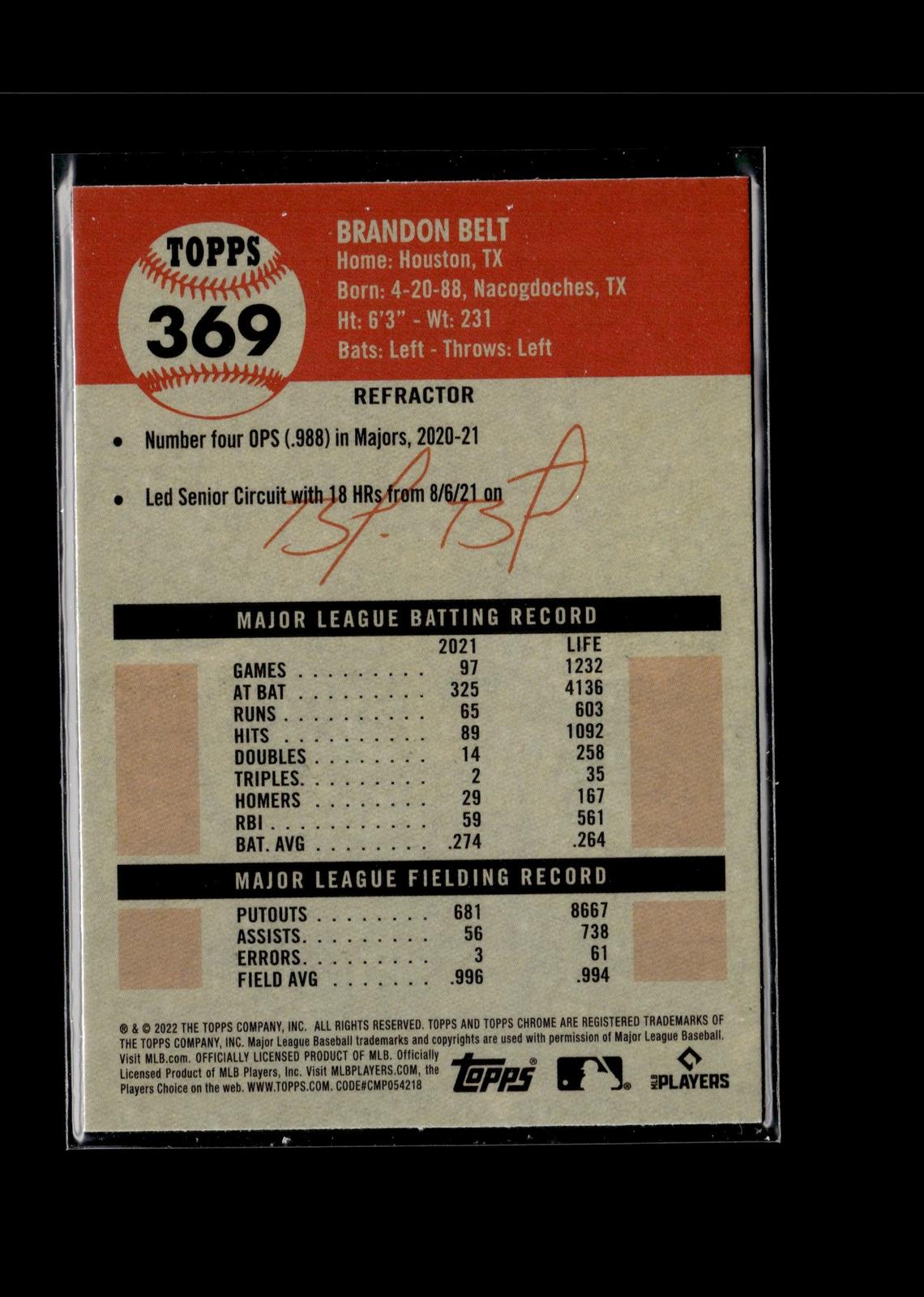 Brandon Belt #369 Refractor 2022 Topps Chrome Platinum Anniversary Giants
