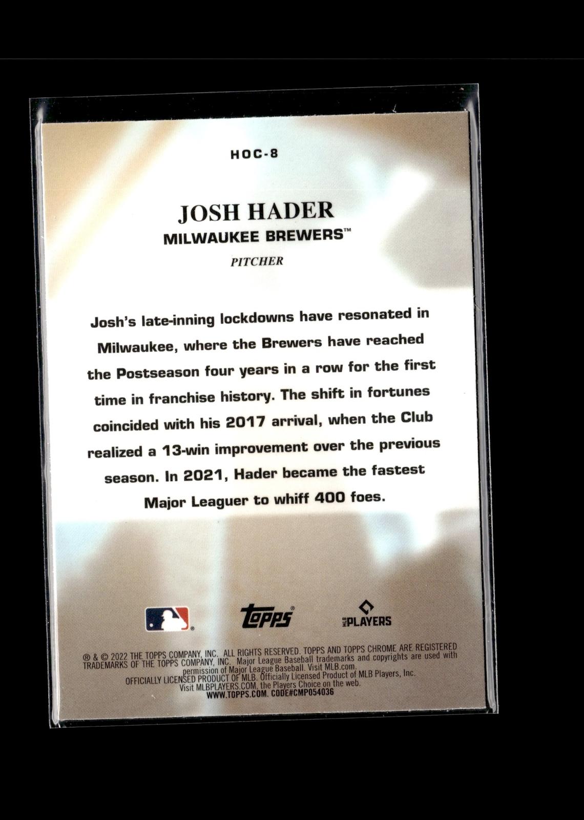 Josh Hader #HOC-8 Heart of the City 2022 Topps Chrome Milwaukee Brewers